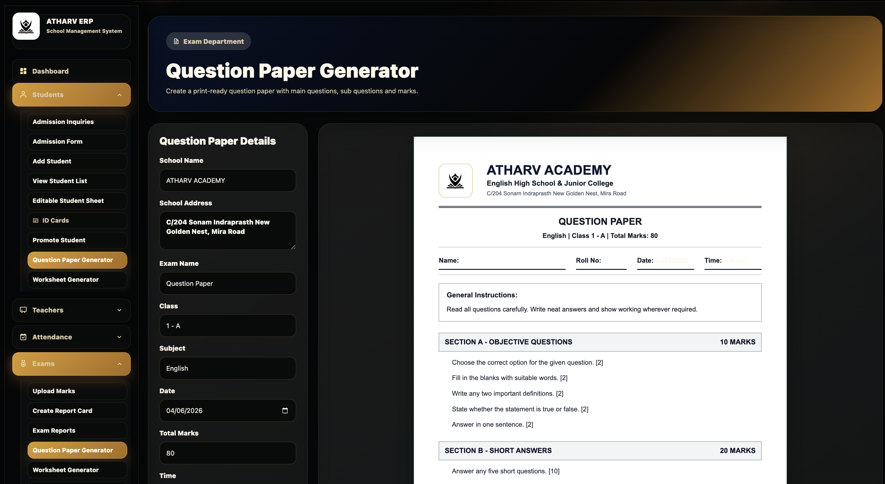 MDCore question paper generator screenshot